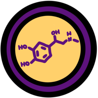 a purple adrenaline molecule inside a purple circle with a yellow interior.